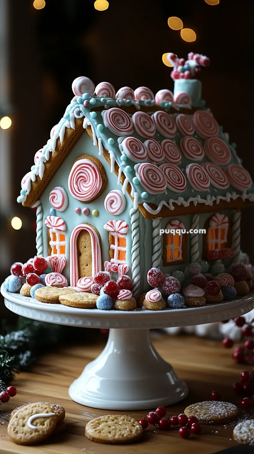 Decorative gingerbread house with candy and frosting details on a white cake stand.