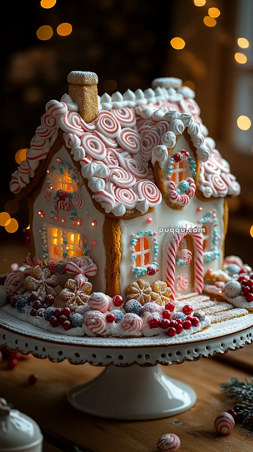 A festive gingerbread house decorated with white icing, red and white candies, and powdered sugar, set on a white cake stand with blurred warm lights in the background.