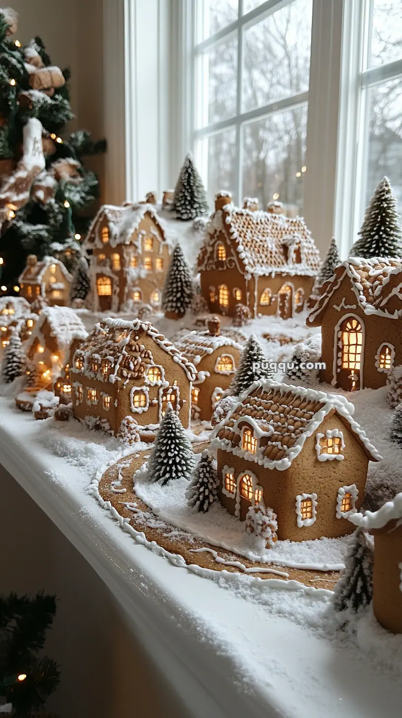 Gingerbread village with illuminated houses and snow-covered pine trees.