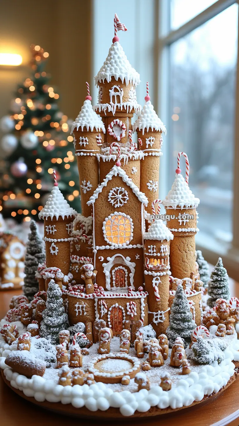 Elaborate gingerbread castle decorated with icing and candy canes, surrounded by snow-dusted gingerbread trees and figures, with a Christmas tree in the background.