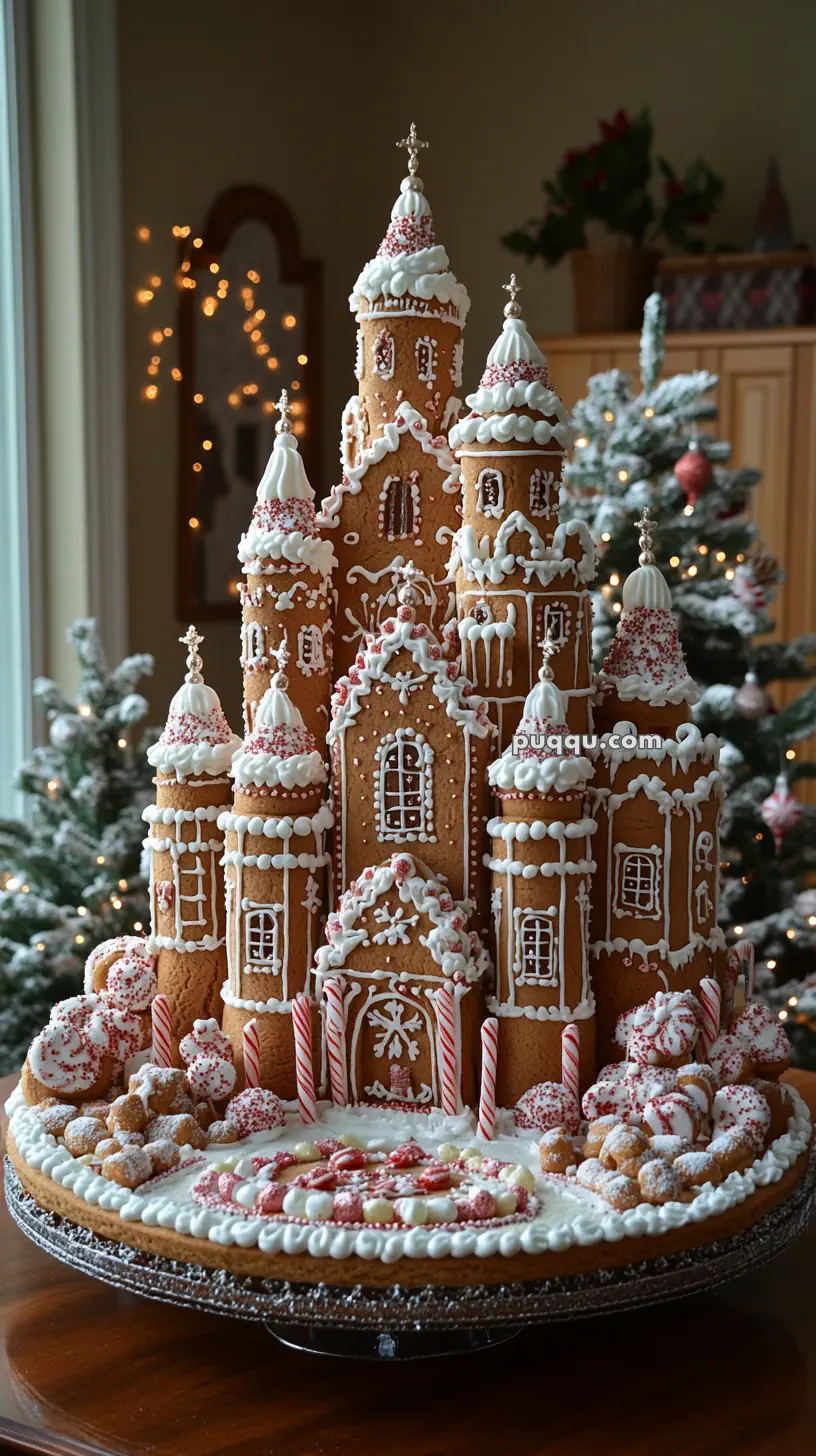 A detailed gingerbread cathedral with sugar icing decorations, surrounded by festive lights and Christmas trees.