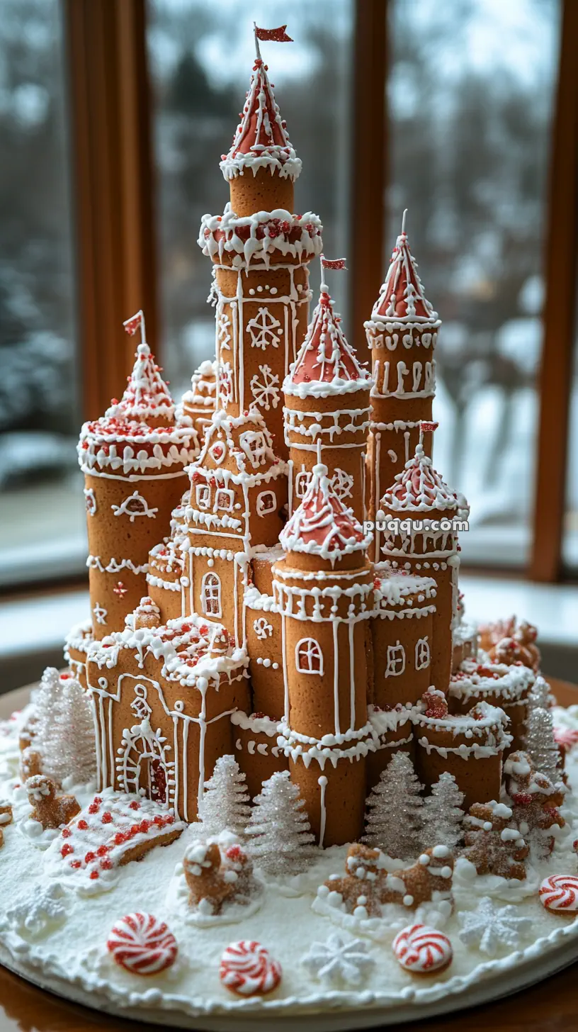 Elaborate gingerbread castle with towers adorned with white icing and red accents, set on a snowy base surrounded by candy trees.