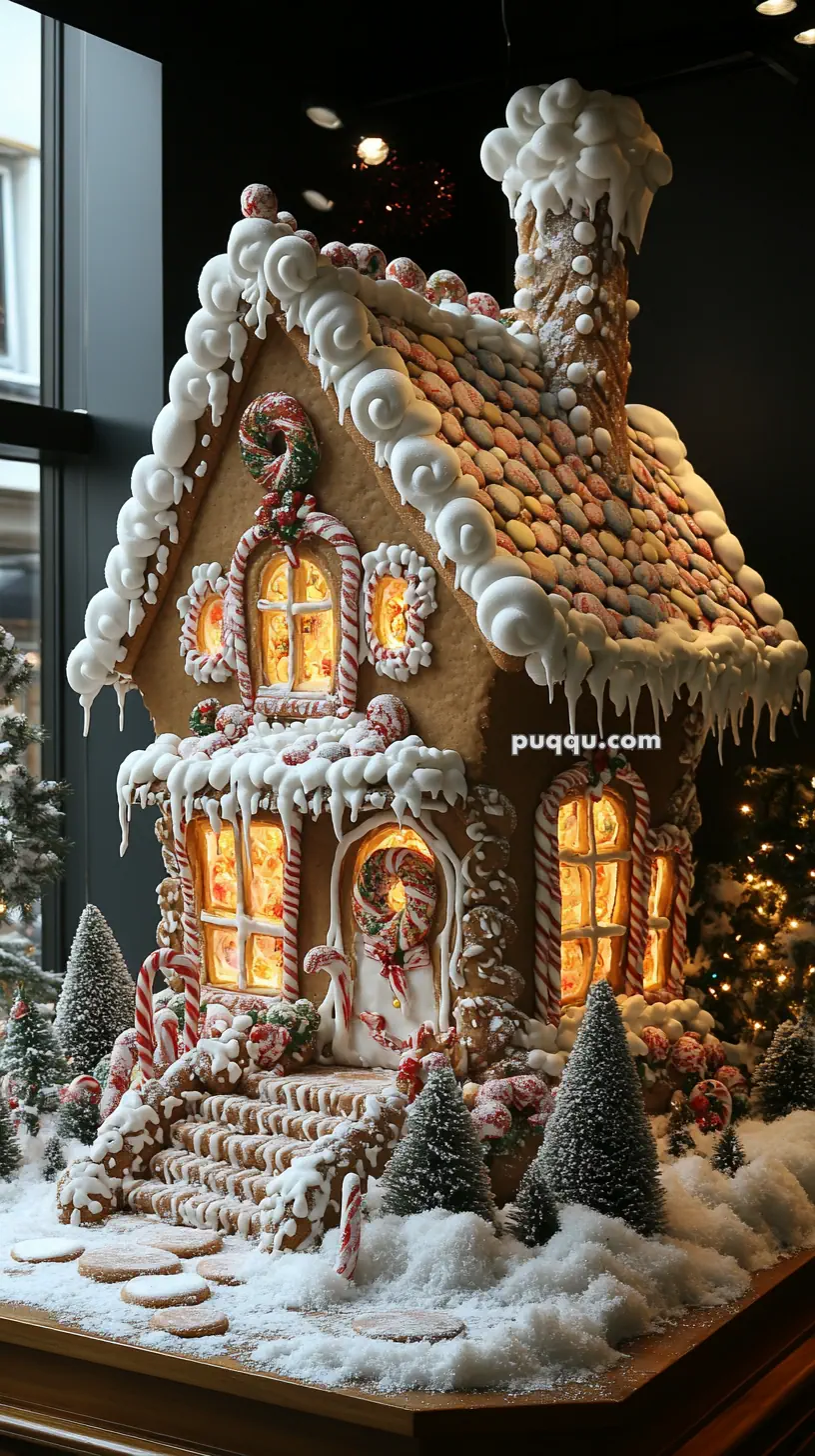 A detailed gingerbread house with a snow-covered roof, decorated with candy canes and gumdrops, and surrounded by miniature snowy trees.