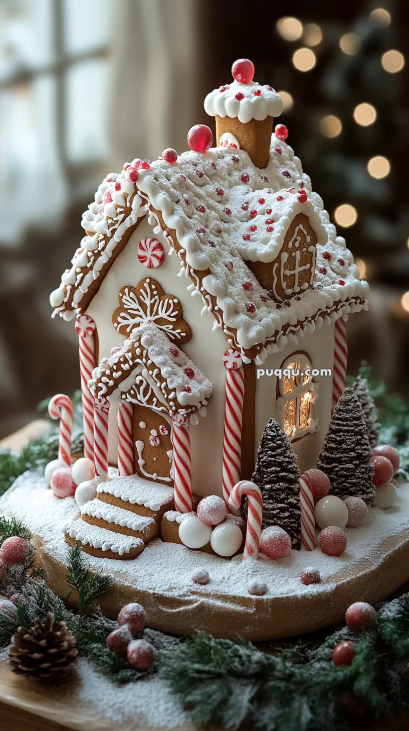 Decorative gingerbread house with frosting and candy embellishments on a snowy base, surrounded by festive greenery and lights.