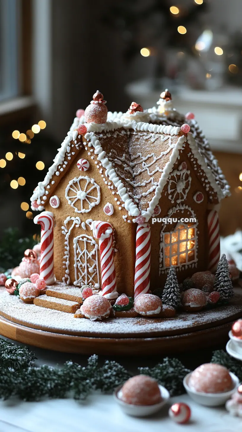 Gingerbread house decorated with icing, candy canes, and sugar-coated confections, set on a snowy base with evergreen accents.