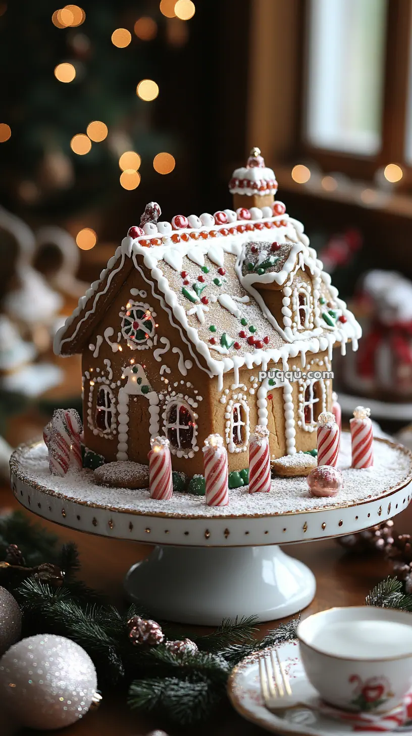 A decorated gingerbread house with icing and candy, sitting on a cake stand surrounded by festive holiday decor.