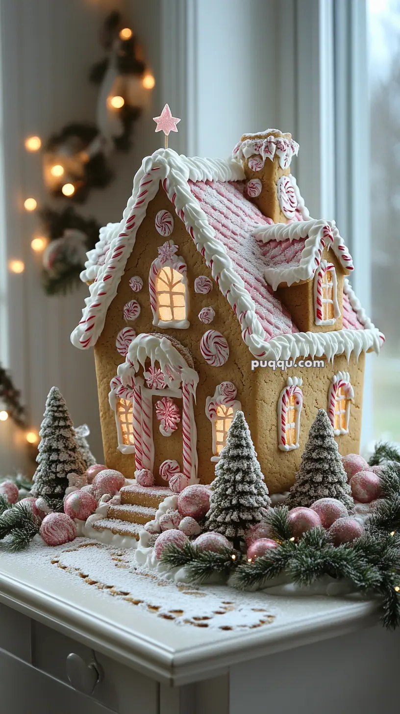 A gingerbread house decorated with white icing, pink candies, and candy canes, surrounded by frosted trees and ornaments.