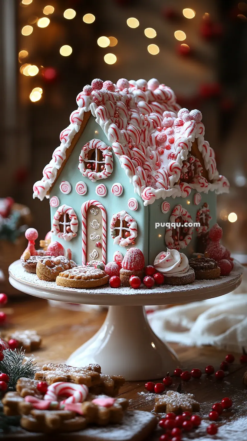 Decorative gingerbread house with white and red icing, surrounded by cookies and berries on a cake stand.