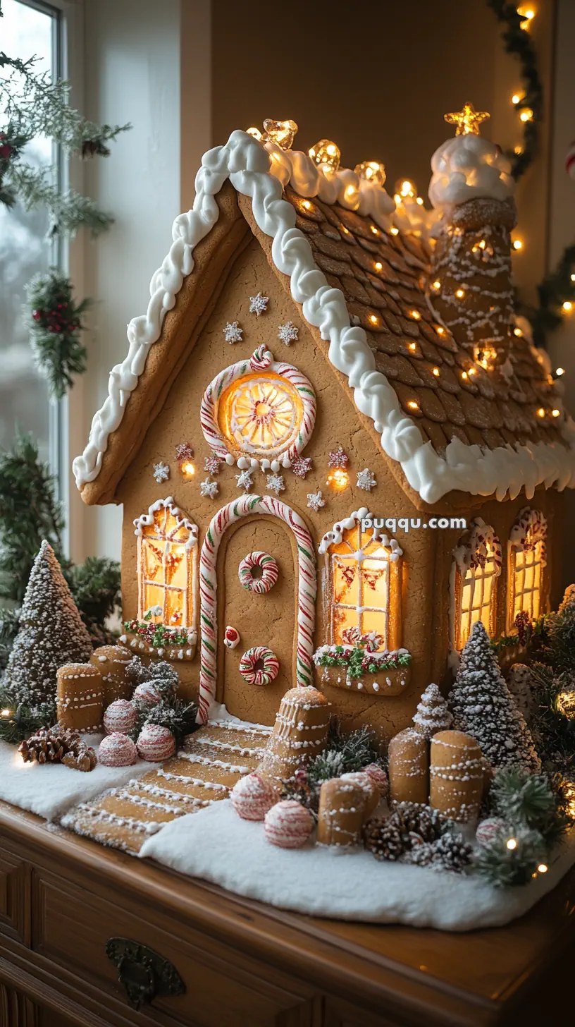 A festive gingerbread house decorated with icing, candy canes, and holiday lights, surrounded by snow-covered confections and small artificial trees.