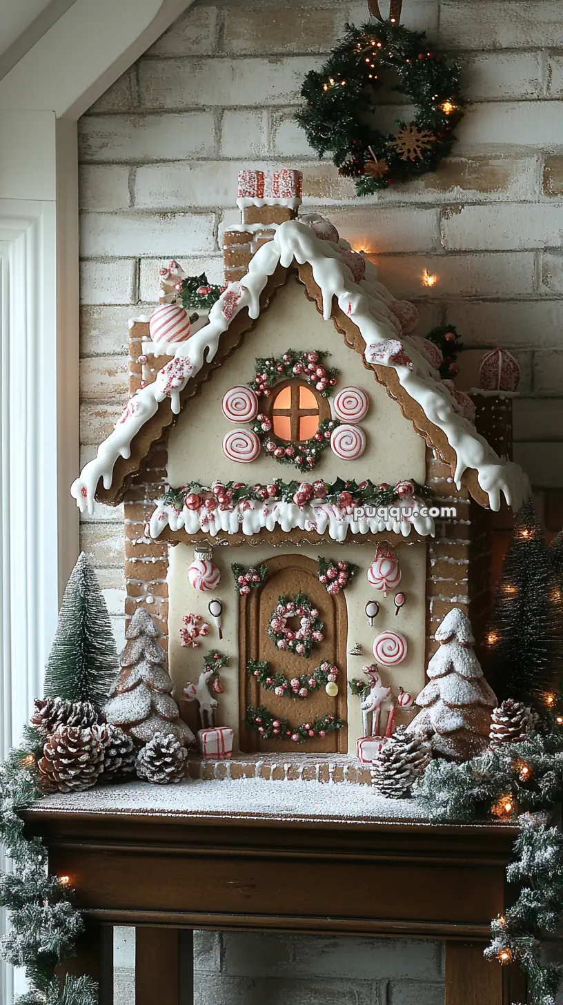 Gingerbread house decorated with snow, candies, and holiday wreaths, set on a wooden surface with a Christmas wreath above.