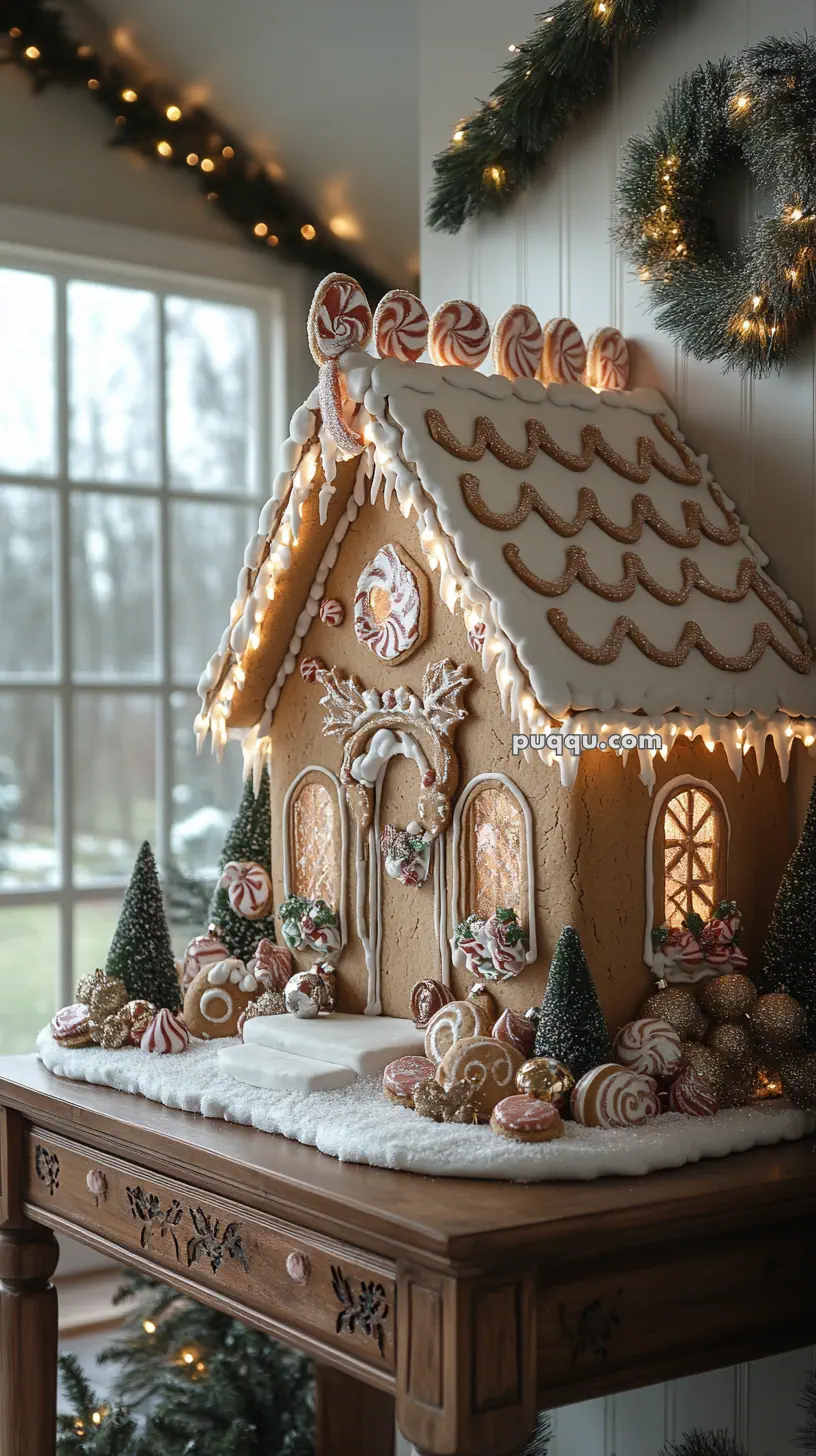 Gingerbread house decorated with icing, candy canes, and other sweet treats on a wooden table, surrounded by holiday greenery and lights.