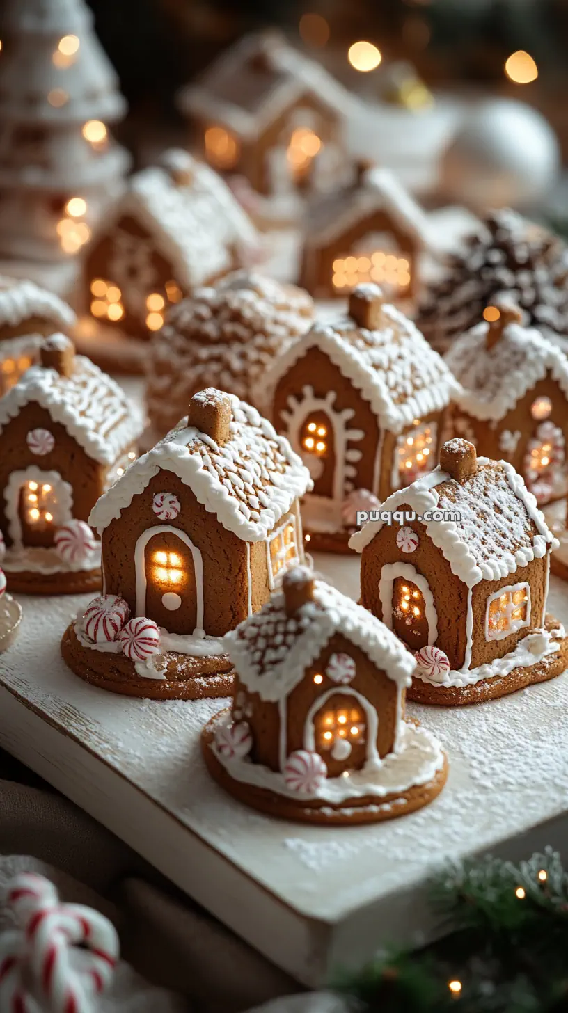 Miniature gingerbread houses decorated with icing and candy, illuminated from within, placed on a white surface.