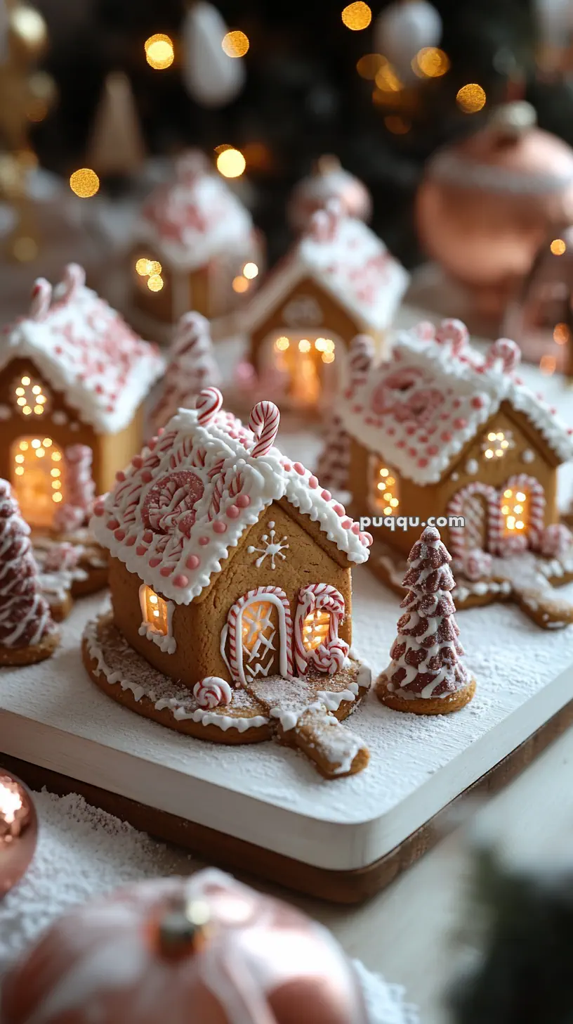 Decorative gingerbread houses with icing, candy, and lit interiors on a festive holiday display.