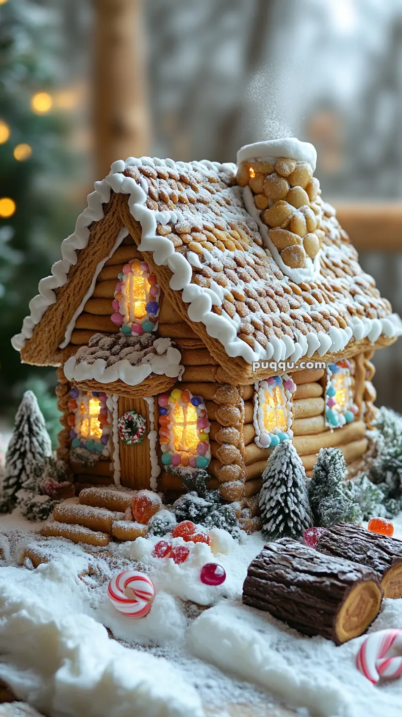 A festive gingerbread house with candy decorations, snow-dusted roof, and glowing windows, surrounded by candy and miniature trees.