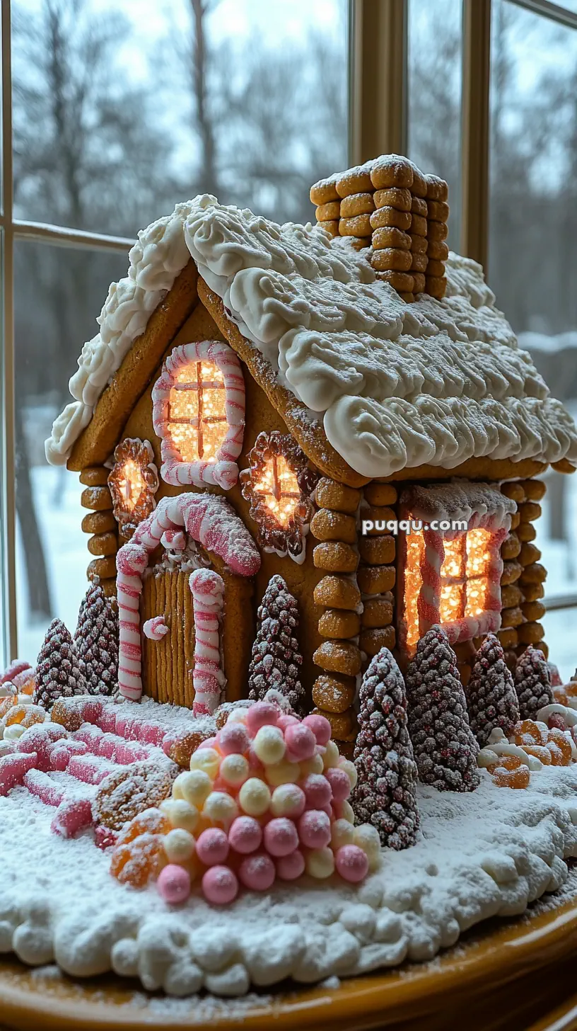 A decorated gingerbread house with festive candy details and powdered sugar resembling snow.