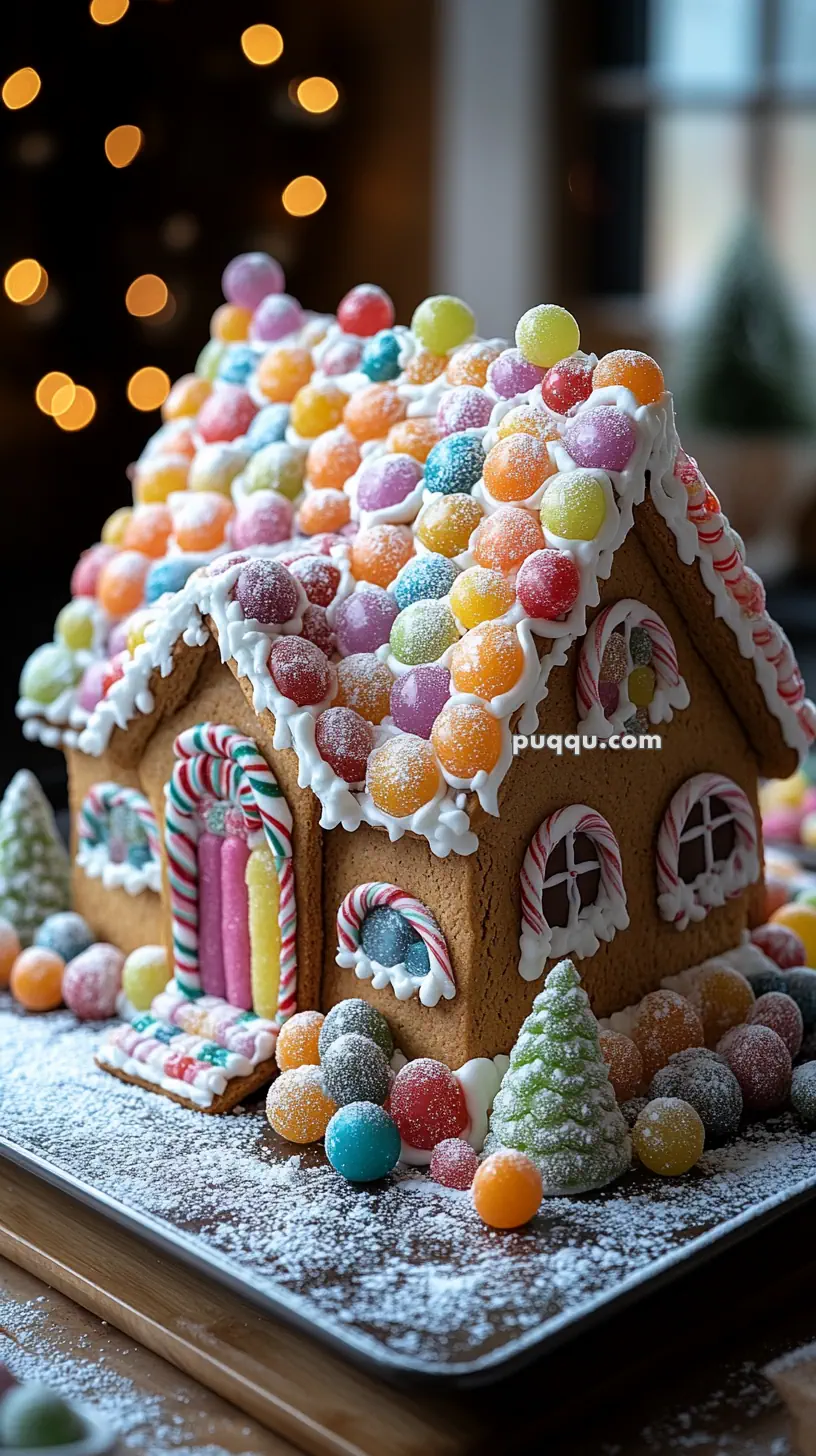 A colorful gingerbread house adorned with various candies and powdered sugar, set against a softly lit background with bokeh lights.