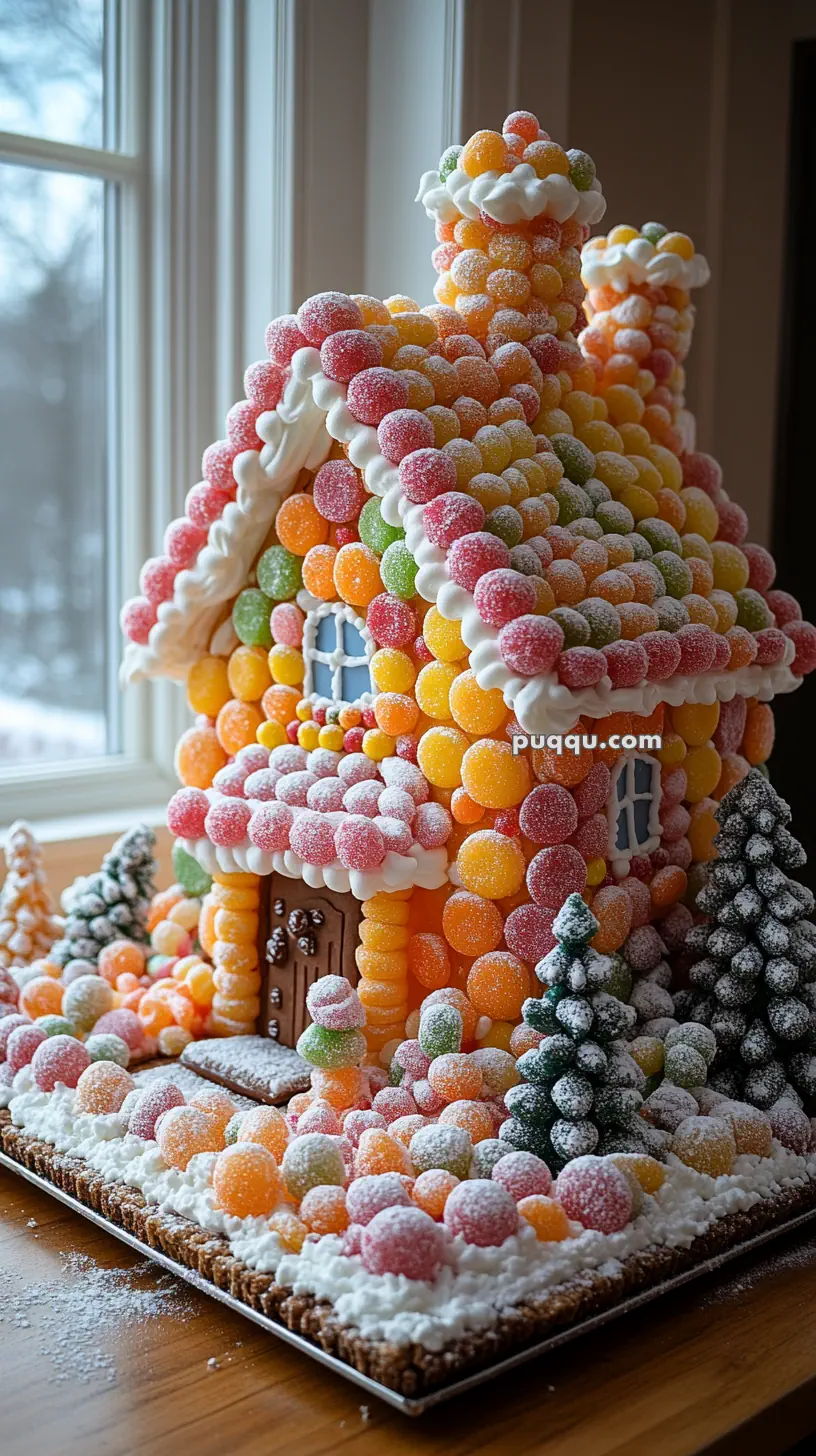 A gingerbread house covered with colorful gumdrops and white icing, surrounded by candy trees dusted with powdered sugar.