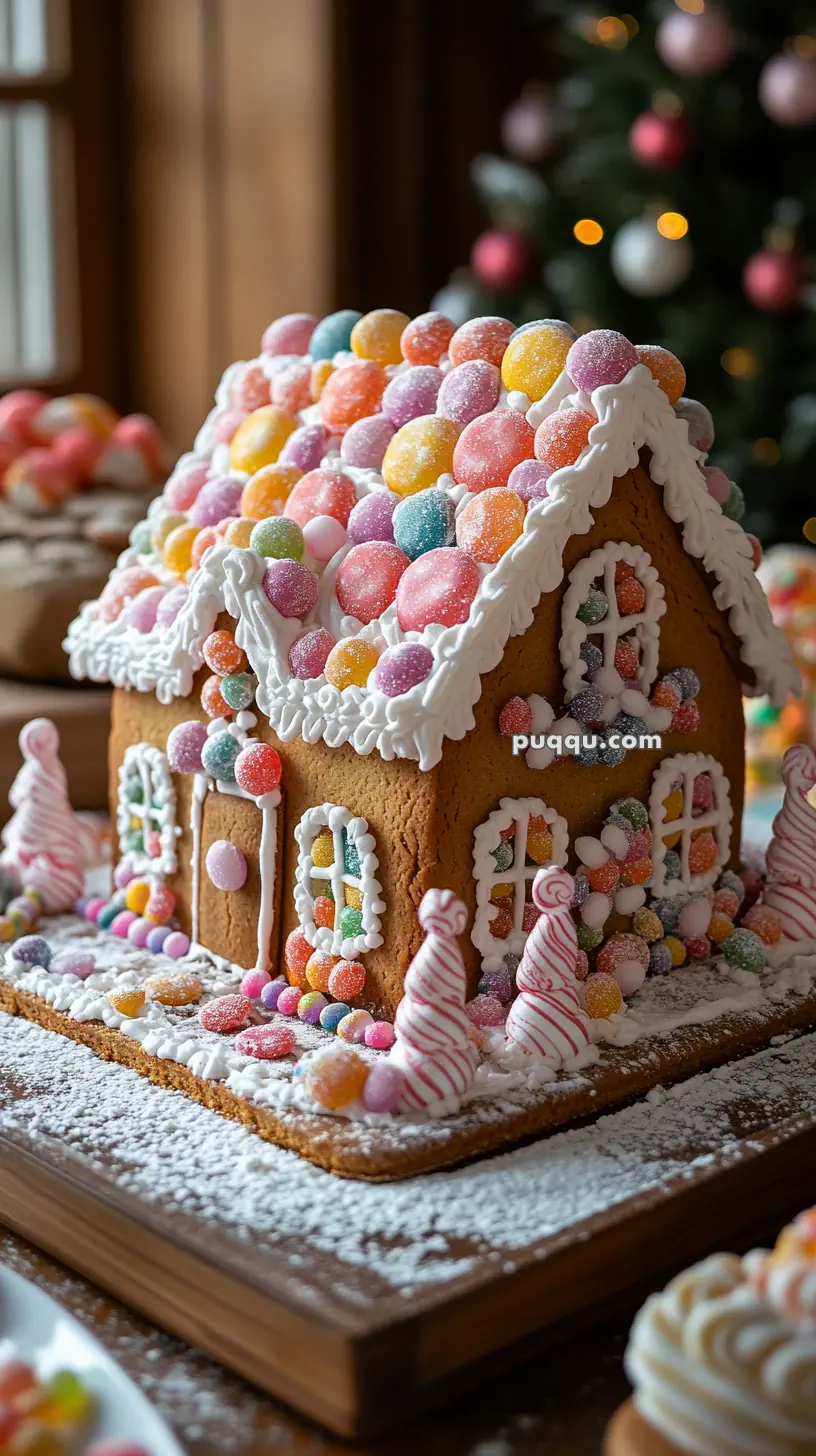 Colorful gingerbread house decorated with icing and assorted candies, set on a wooden board with a dusting of powdered sugar.