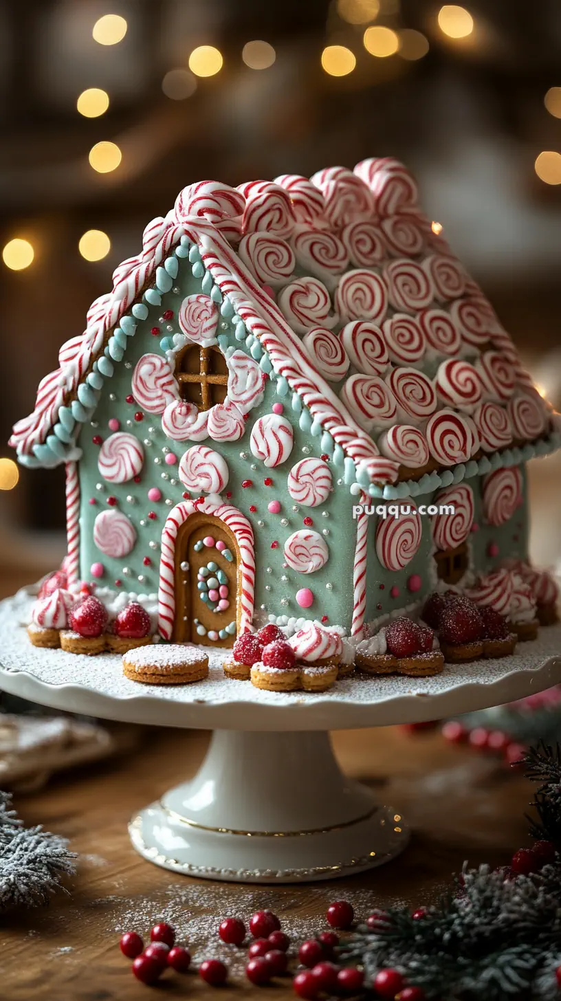 A festive gingerbread house decorated with red and white peppermint candies, icing, and cookies, placed on a white cake stand.