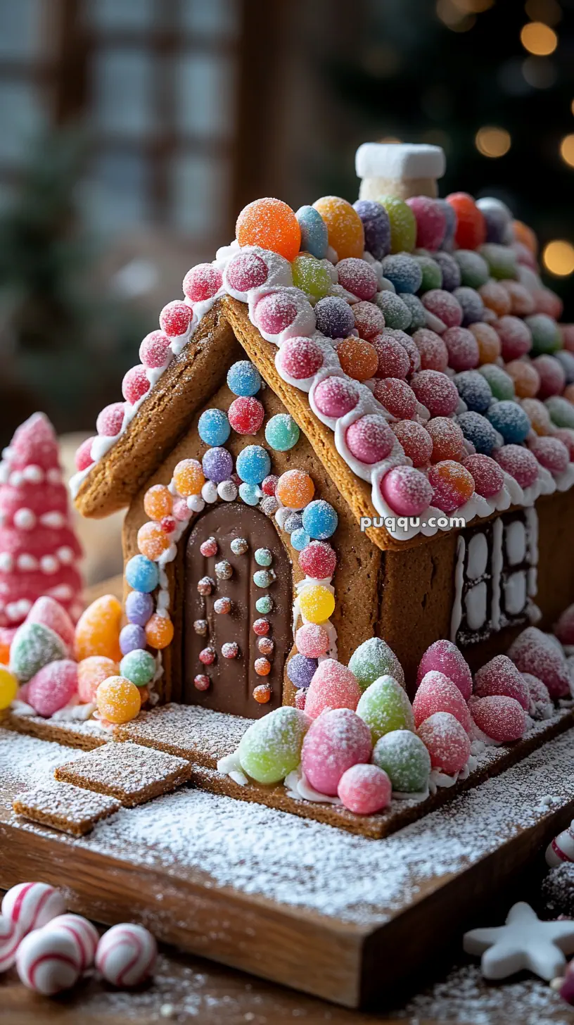 A gingerbread house decorated with colorful gumdrops and powdered sugar in a festive setting.