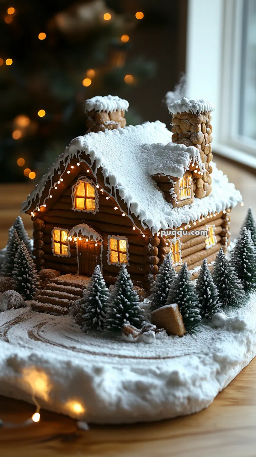 A gingerbread house decorated with snow-like icing, lit windows, and surrounded by icing-covered trees.