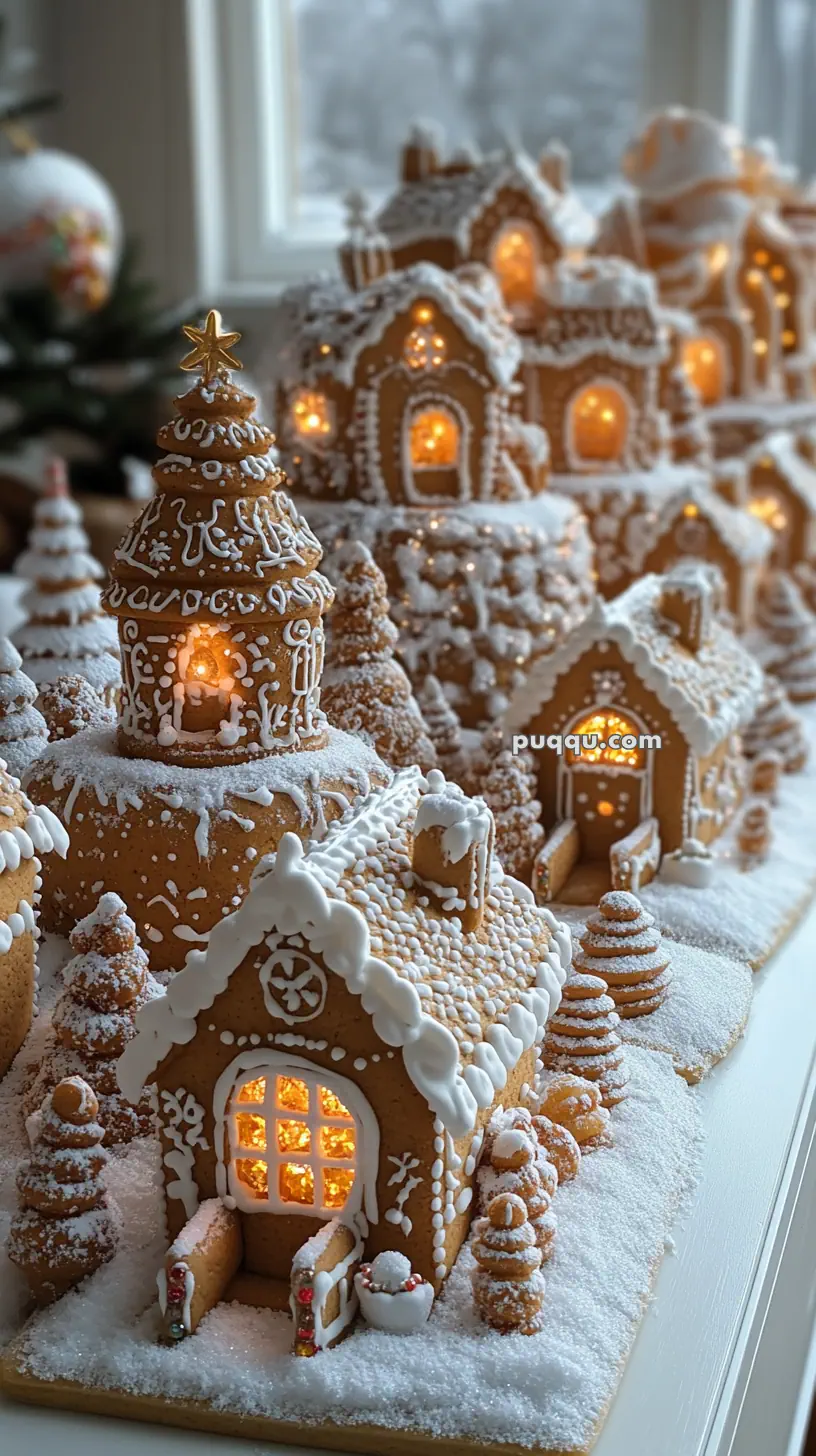 Illuminated gingerbread houses decorated with intricate icing details and surrounded by snowy sugar trees.