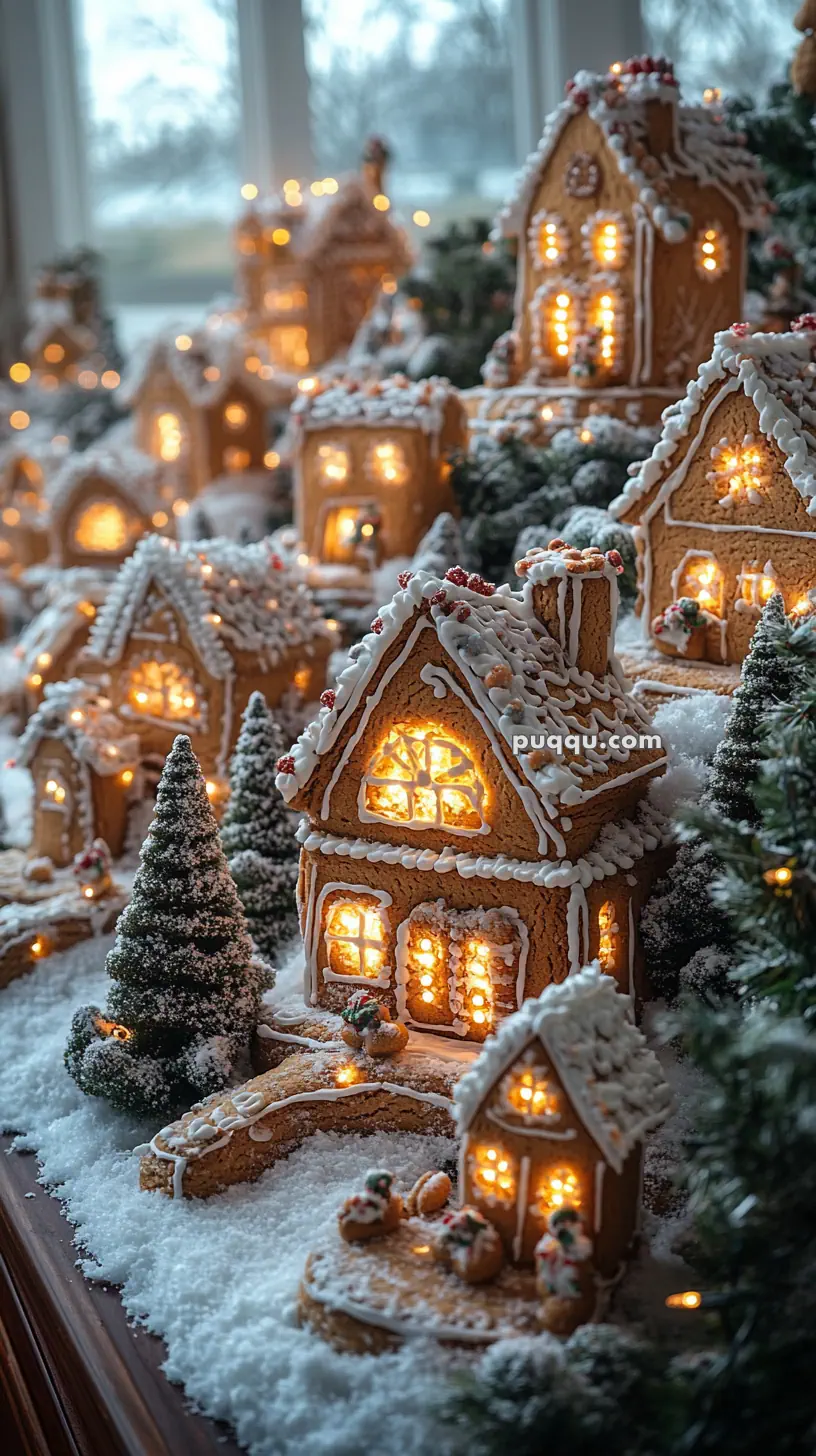 Illuminated gingerbread houses decorated with icing, surrounded by miniature snowy trees and lights.