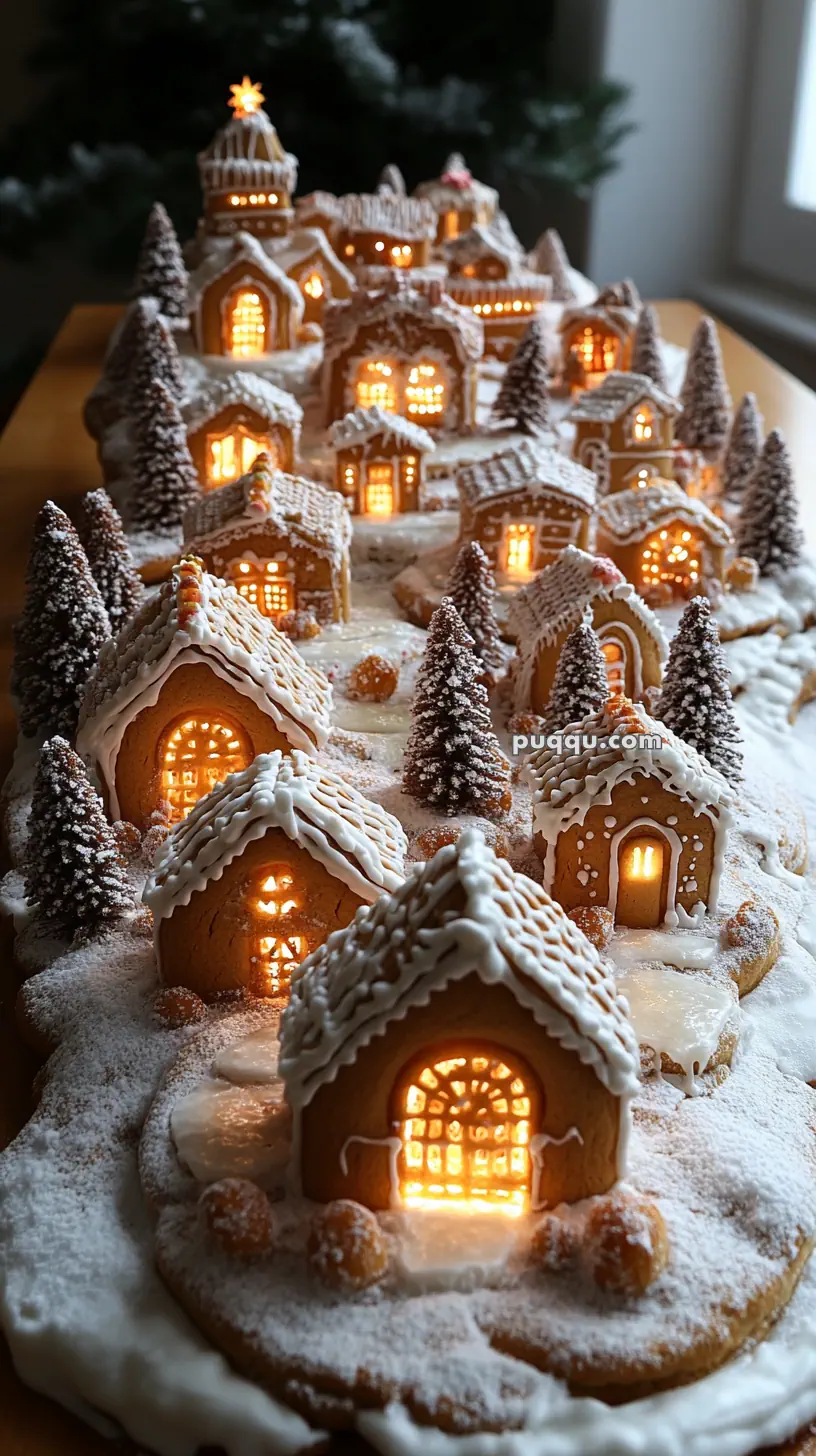 A detailed, illuminated gingerbread village with snow-covered roofs and trees, warmly lit from within.