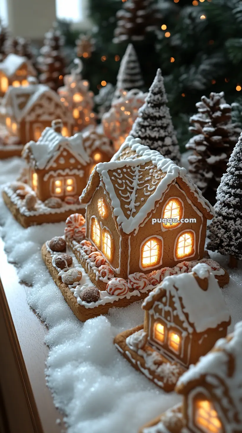 Gingerbread houses with lit interiors, surrounded by snowy decorations and frosted trees.