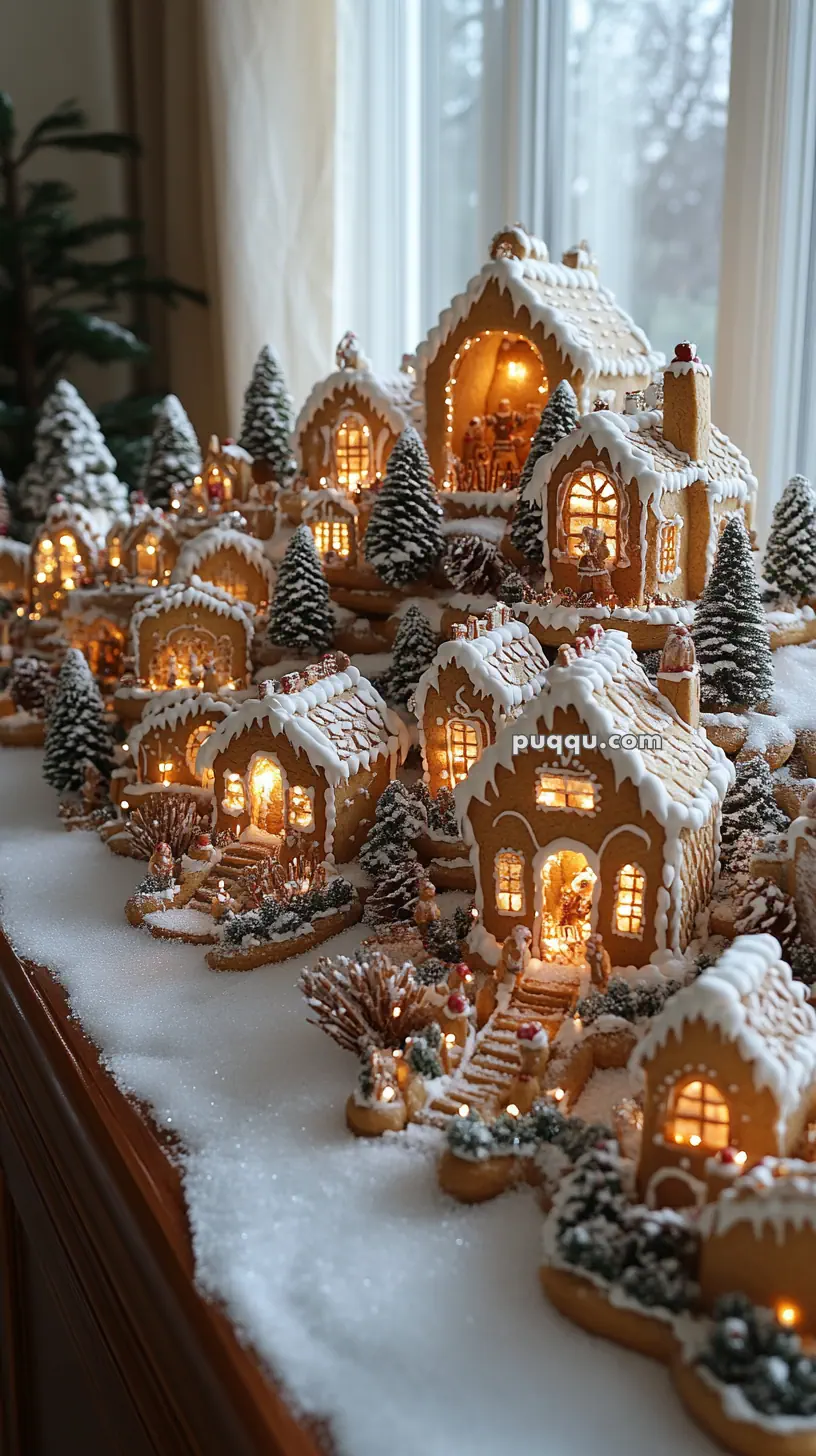 Illuminated gingerbread house village with snowy frosting and small decorated trees.