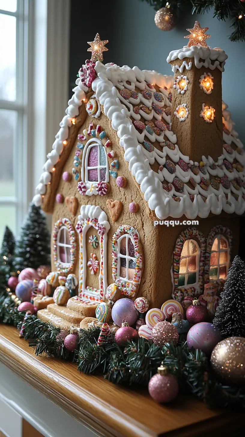 A decorated gingerbread house with icing details, candy accents, and lit windows, surrounded by pink and purple ornaments and green garland.