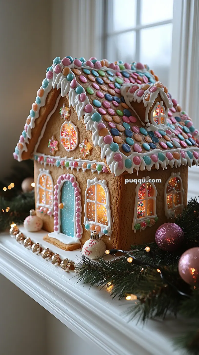 Gingerbread house decorated with colorful candies and icing, set on a white surface with Christmas lights and ornaments.