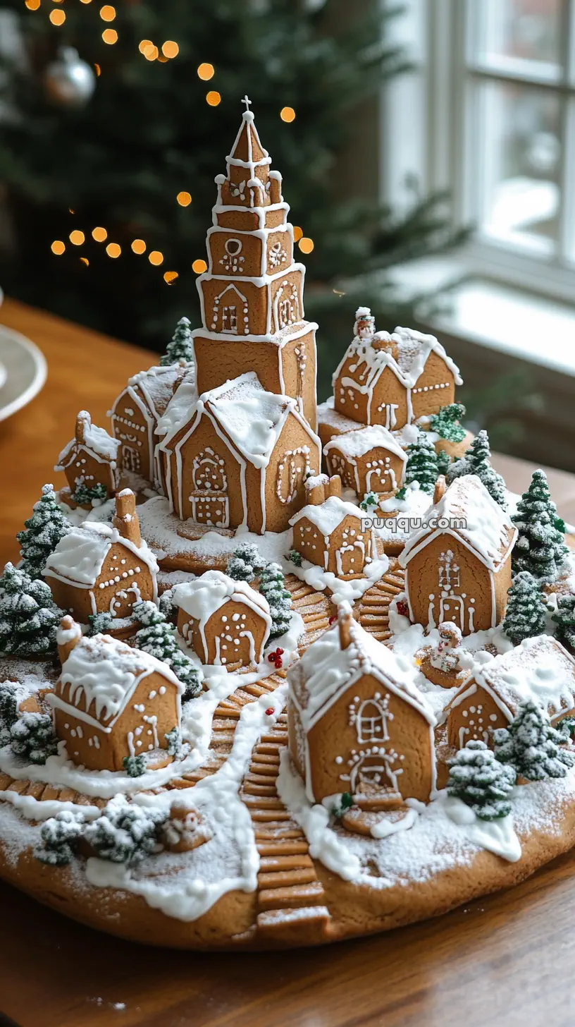 Gingerbread village with a large central church and smaller houses covered in white icing snow, surrounded by sugar-dusted trees and a wooden table background.