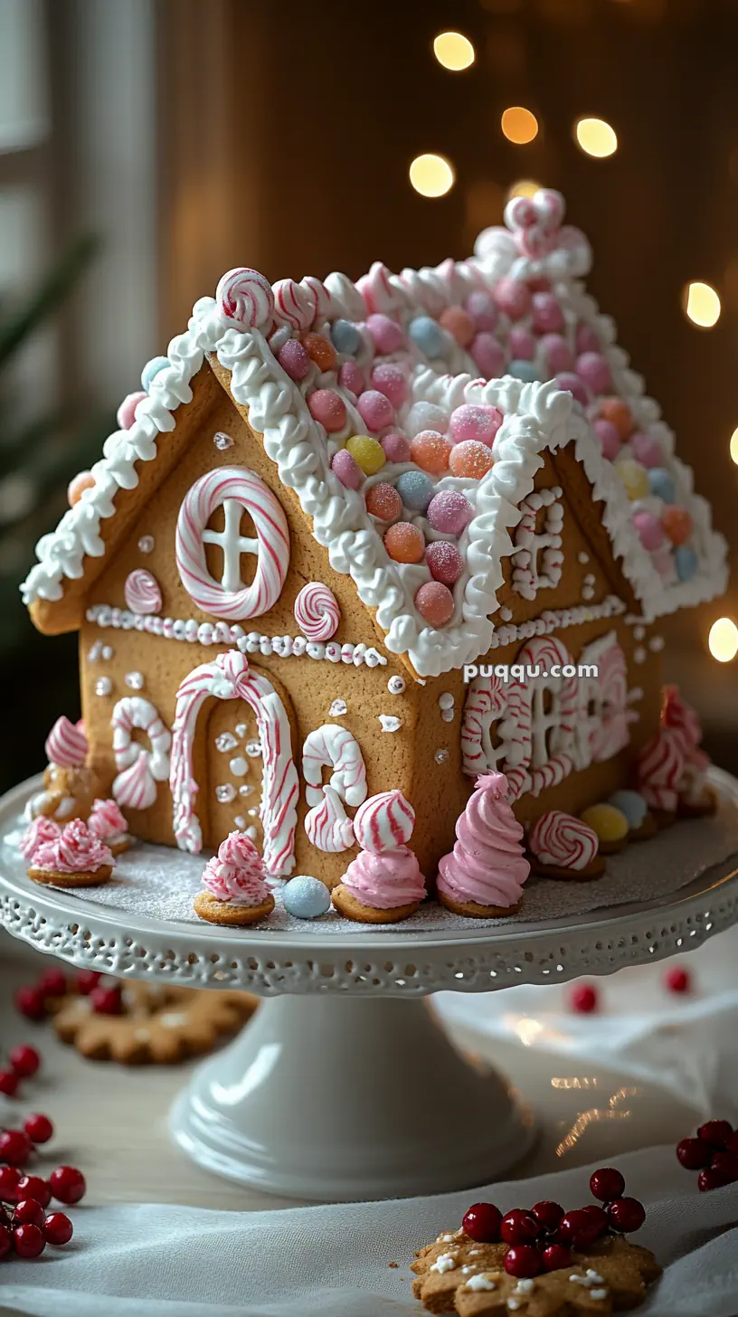 Decorated gingerbread house on a cake stand with frosting and colorful candies.