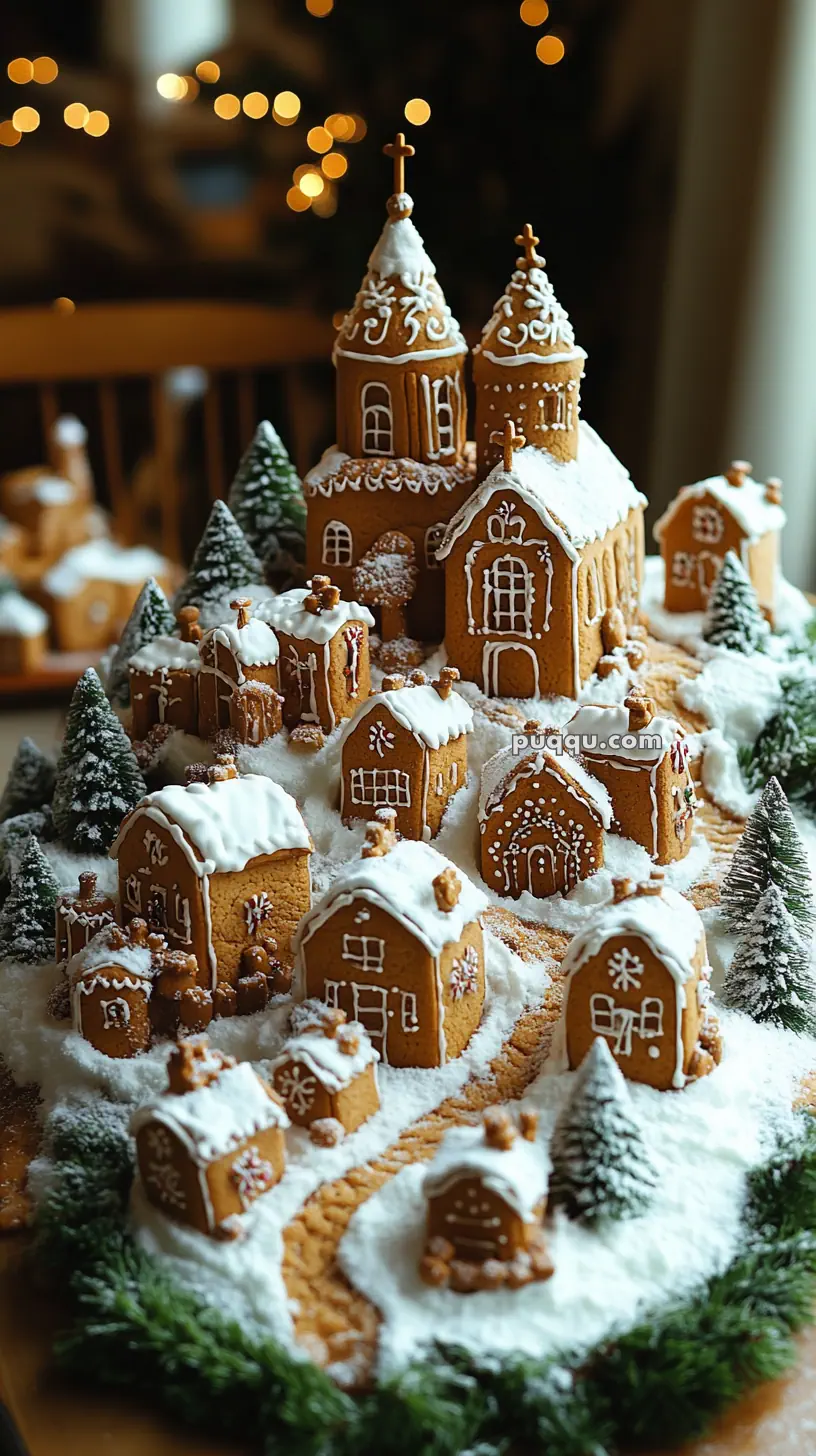 A gingerbread village with intricately decorated houses and a church, dusted with powdered sugar to resemble snow, surrounded by edible trees.