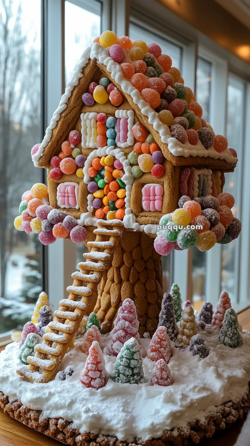 Colorful gingerbread house with sugar-coated candy decorations and icing, resembling a treehouse set on a snowy base with candy trees.