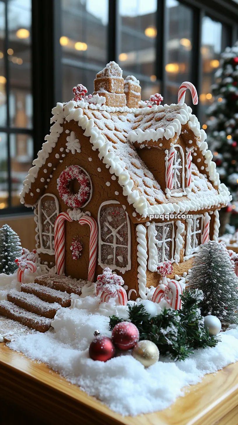 A decorated gingerbread house with candy canes and snow-like icing, surrounded by miniature Christmas trees and ornamental baubles on a wooden surface.