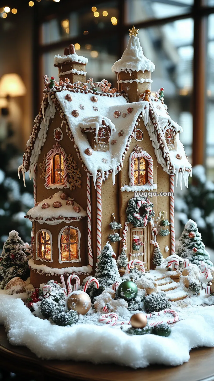 A festive gingerbread house decorated with icing, candy canes, and Christmas ornaments, surrounded by snowy trees.