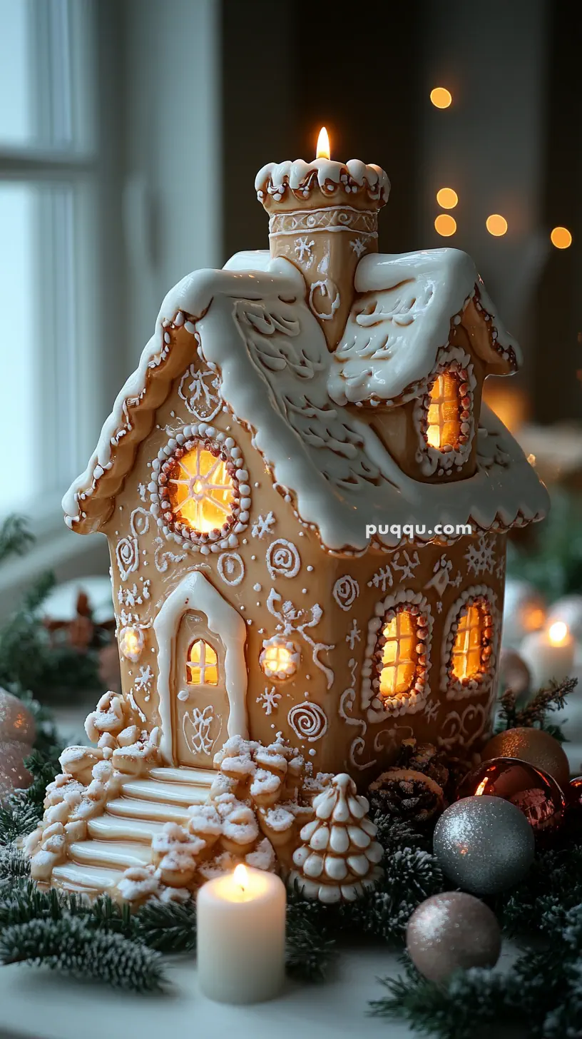 Intricately decorated gingerbread house with lit windows, surrounded by festive ornaments and candles.