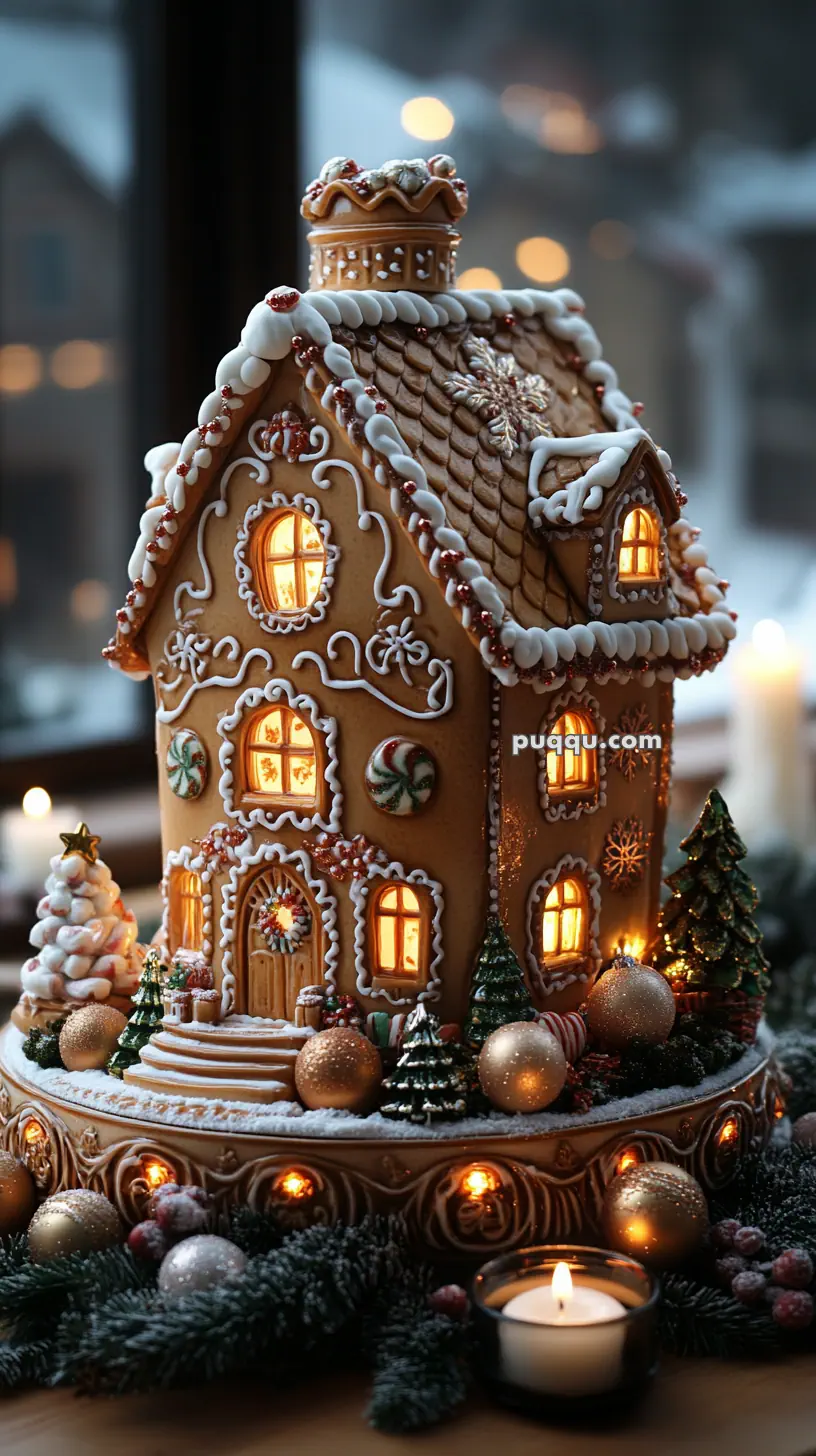 Ornate gingerbread house with glowing windows, decorated with icing, candy, and small Christmas trees, surrounded by festive ornaments and greenery.