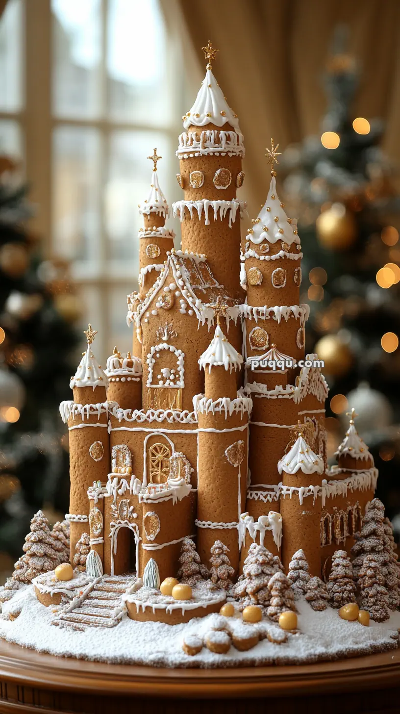 A detailed gingerbread castle decorated with icing, gold accents, and surrounded by snow-dusted trees and ornaments.