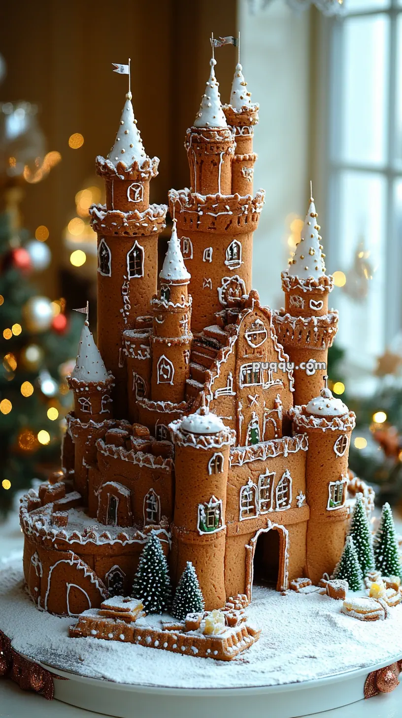 A detailed gingerbread castle decorated with icing, set against a background of blurred Christmas lights.