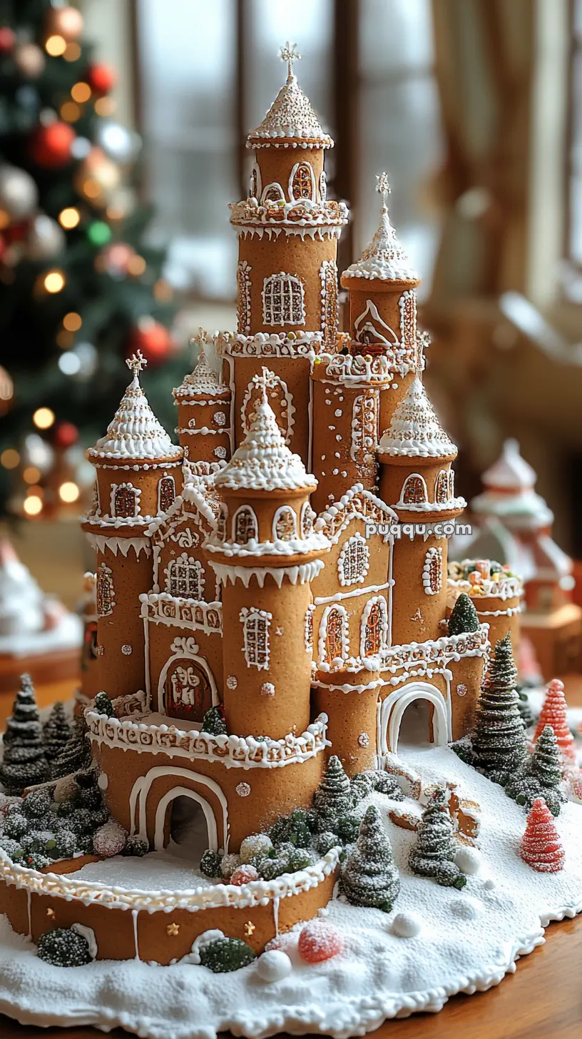 A detailed gingerbread castle with snowy decorations and miniature trees, set against a blurred background of a Christmas tree.