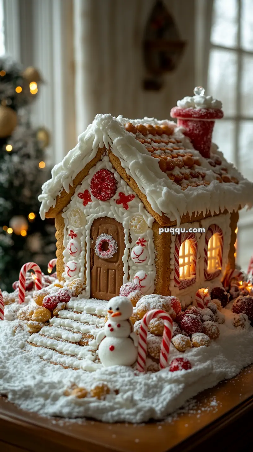 Gingerbread house decorated with icing, candy canes, and a small snowman, set on a snowy surface with a Christmas tree in the background.