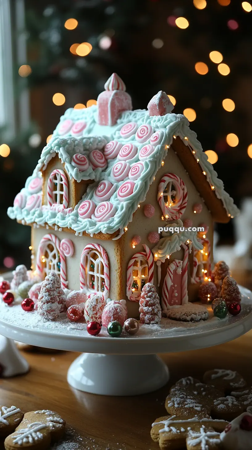 Decorative gingerbread house with colorful icing and candy, adorned with Christmas lights, on a cake stand surrounded by festive decorations.