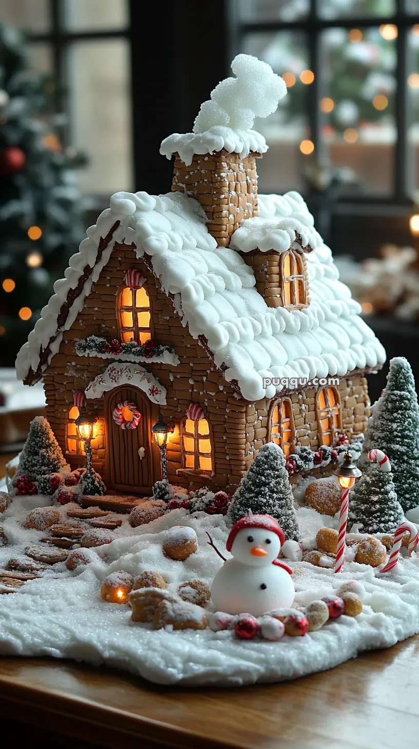 A gingerbread house decorated with snow-like frosting, lit windows, a snowman, and candy decorations, set on a snowy base.