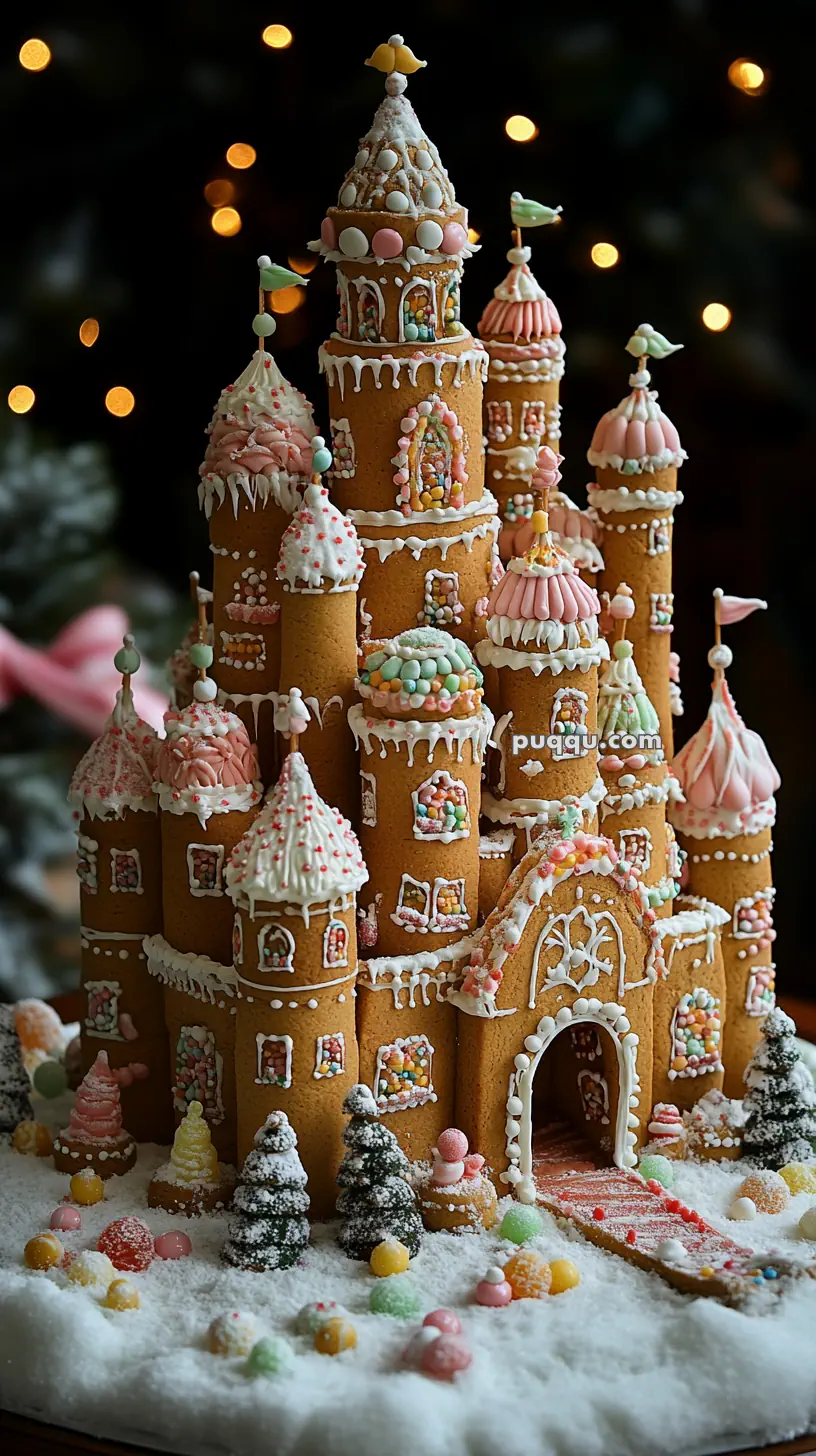 A detailed gingerbread castle decorated with icing and colorful candies.