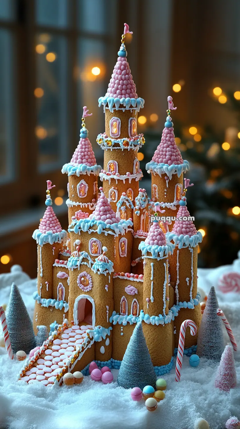 A whimsical gingerbread castle with pink and blue icing, surrounded by sugar snow, candy canes, and small Christmas trees.