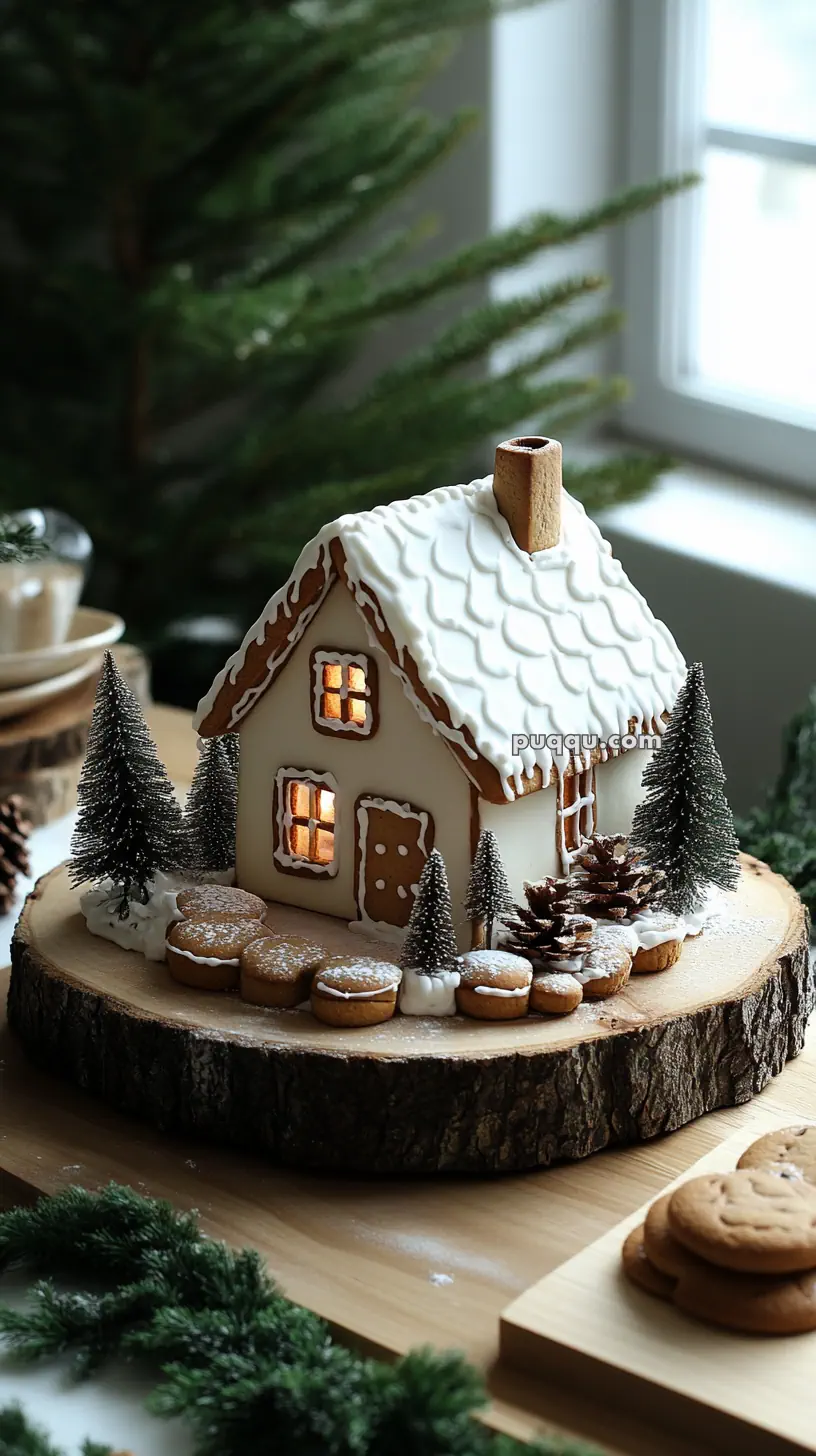 Gingerbread house decorated with white icing and surrounded by small pine trees, sitting on a wooden slab.