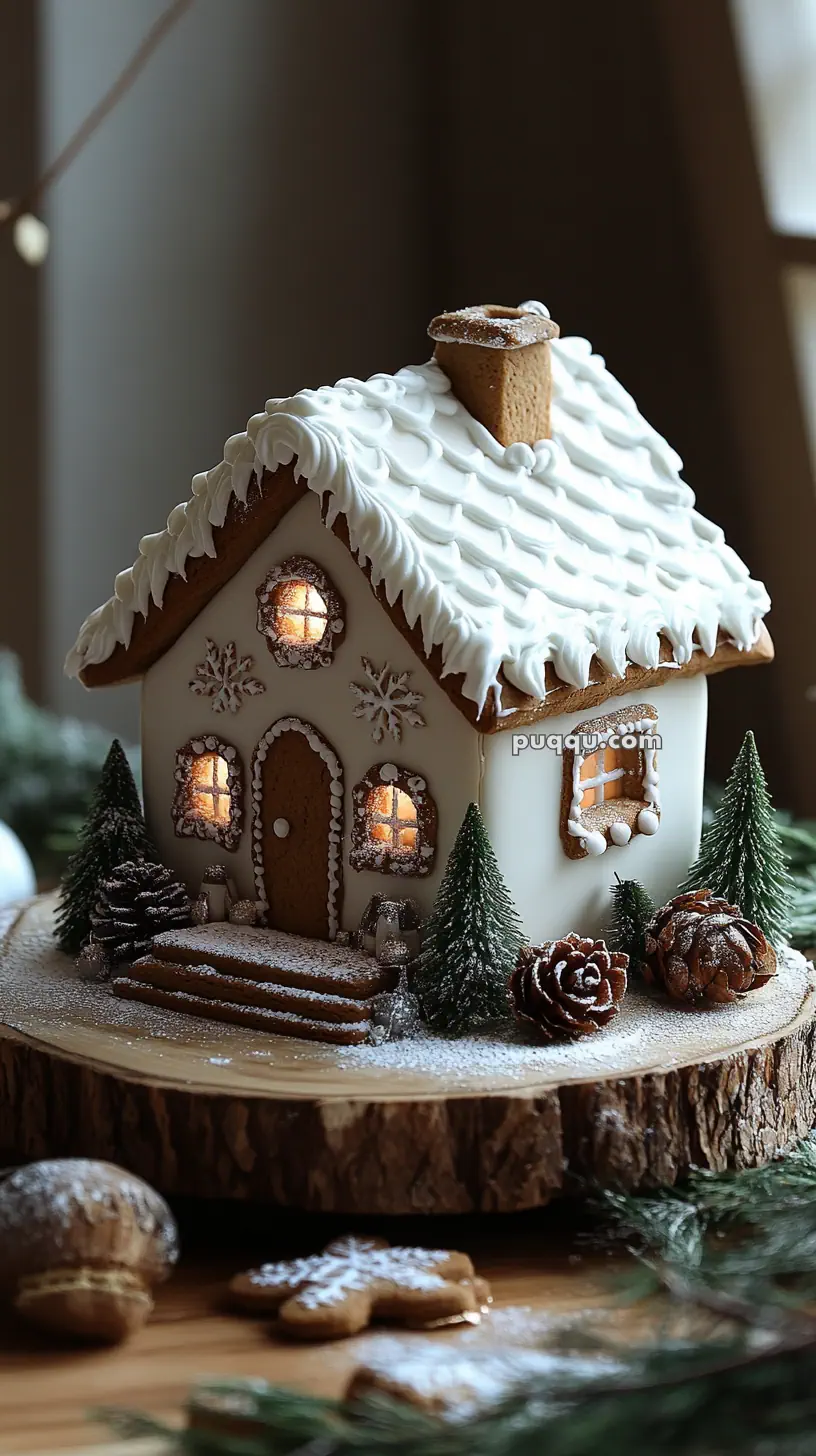 Gingerbread house decorated with icing, pine trees, and a dusting of powdered sugar, placed on a wooden base.